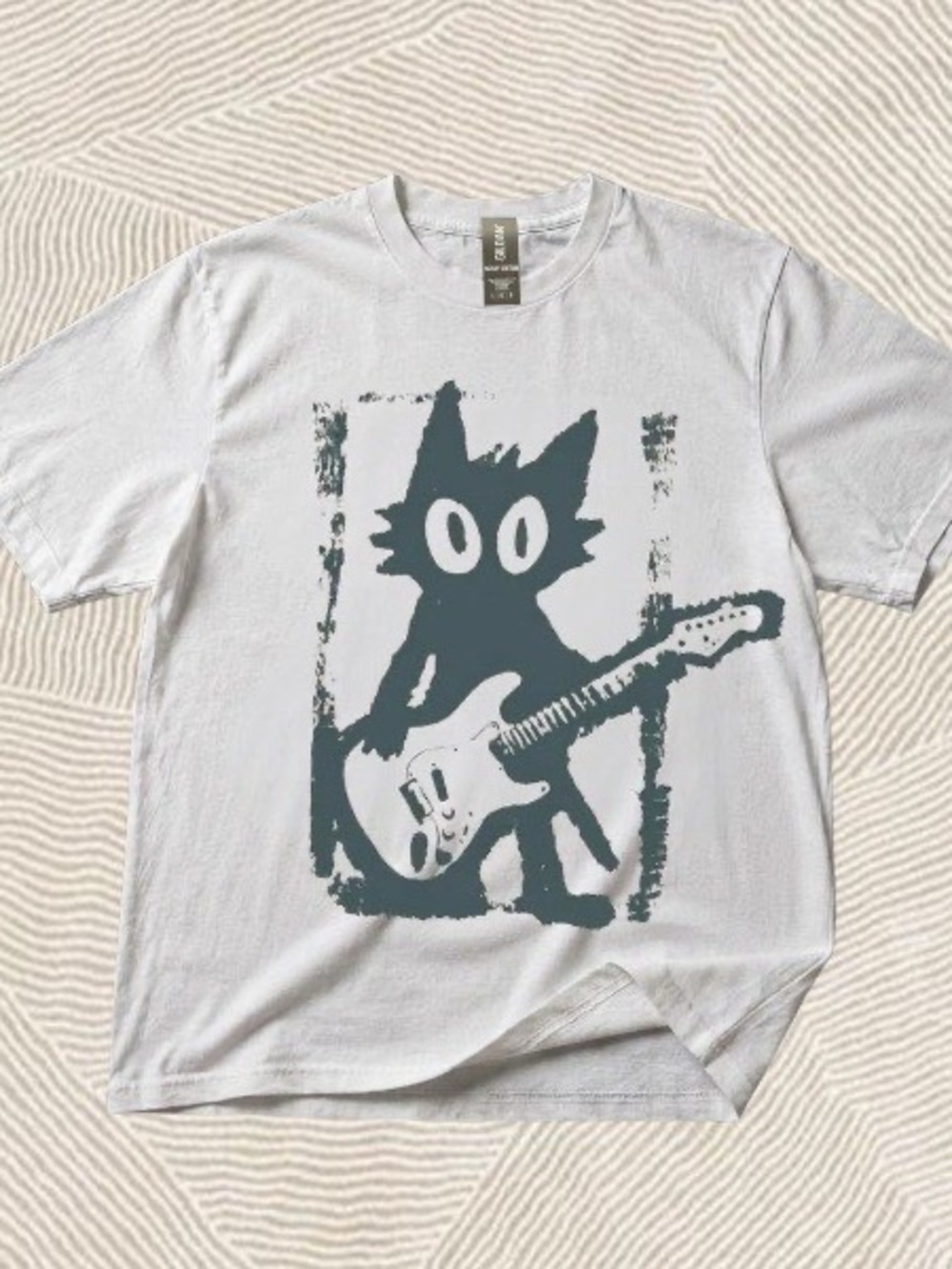 Gildan White Cat with Guitar Graphic T-Shirt for Cats Lovers